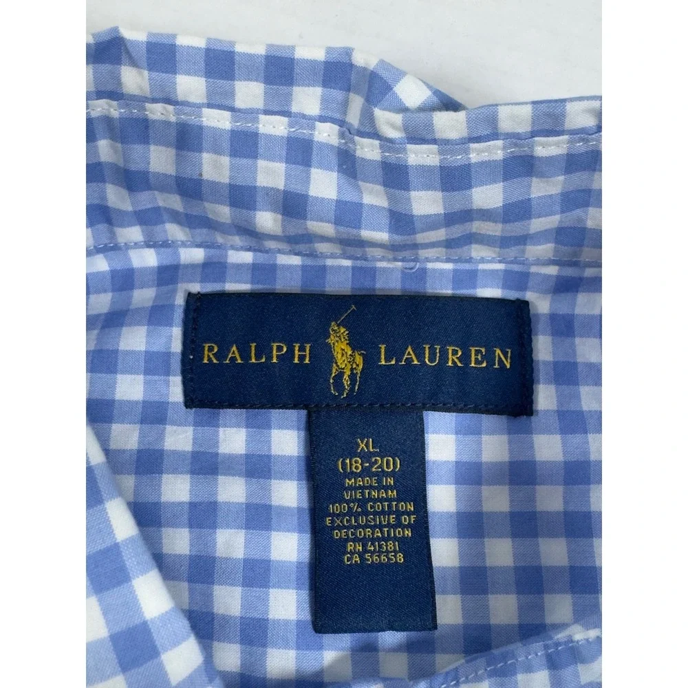 Ralph Lauren Gingham Button Down Boys‎ XL 18-20 Blue White Short Sleeve Preppy
